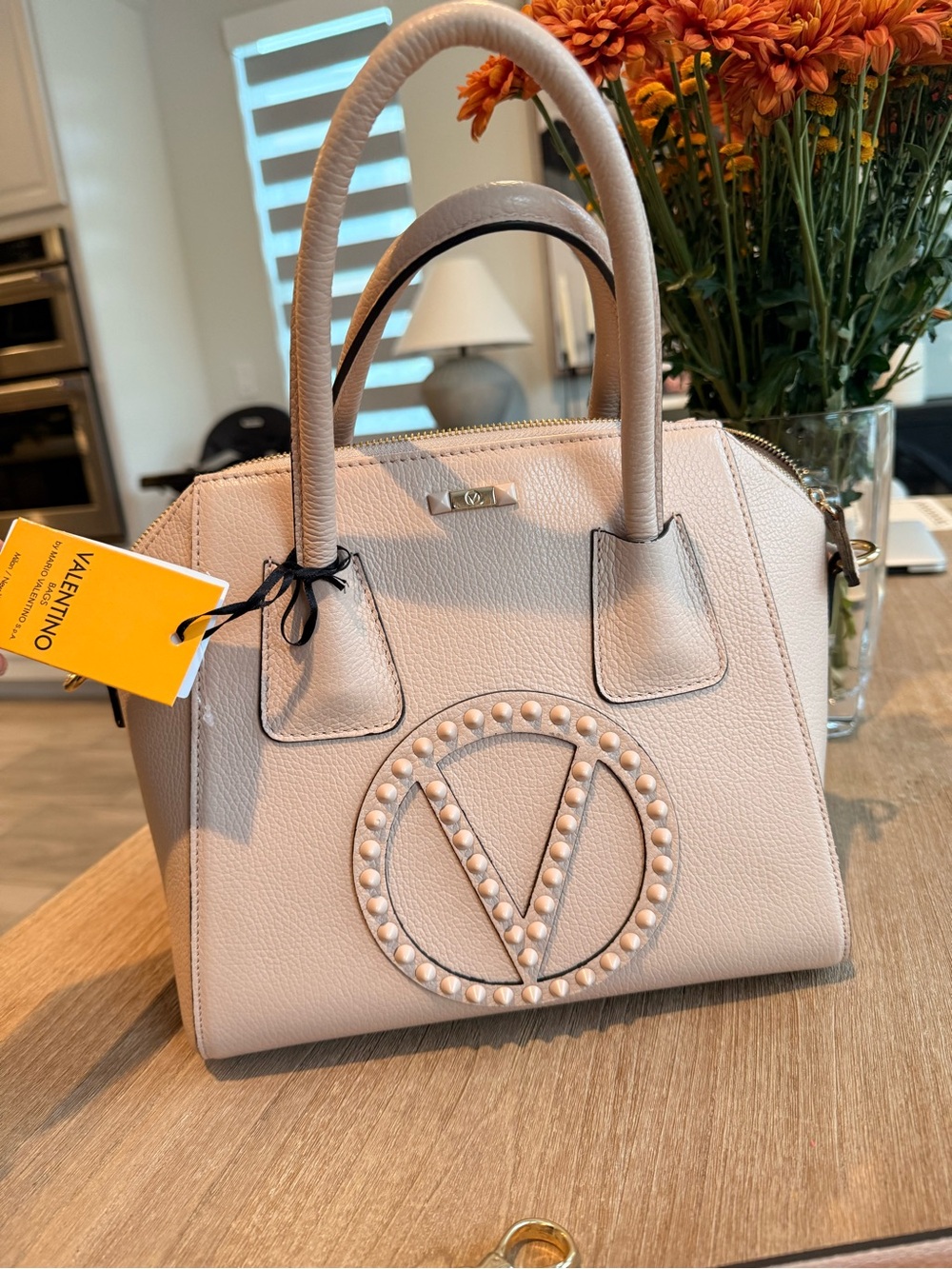 Mario Valentino Taupe Pebbled Leather Top-Handle Satchel with Strap - Picture 3 of 4